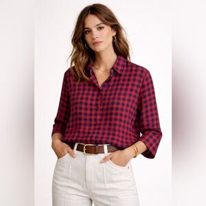 Vintage Dana Paris Silk Red Navy Buffalo Check button Shirt 3/4 sleeve Preppy M